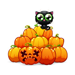 Image showing Heap of Halloween Pumpkins with a Black Cat on it