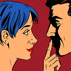 Image showing Stop woman invites man to stay put a finger to his lips