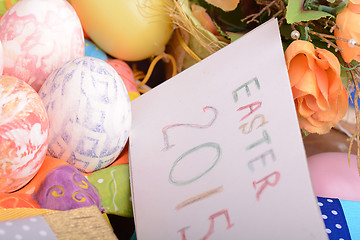 Image showing Easter setting with gift box and spring decoration