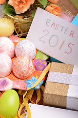 Image showing Easter setting with gift box and spring decoration