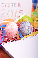 Image showing Easter setting with gift box and spring decoration