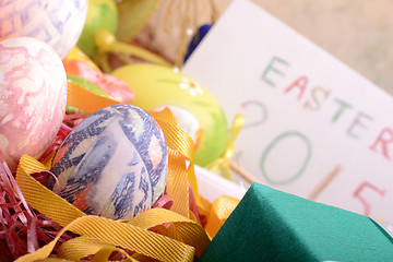 Image showing Easter setting with gift box and spring decoration