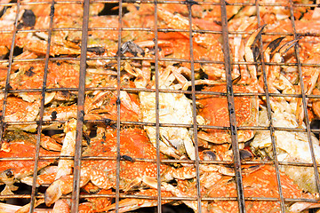 Image showing Grilled crab on flaming grill. 