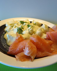 Image showing Smoked salmon and potatoes in white sauce
