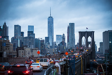 Image showing Brooklyn bridge at dusk, New York City.