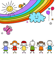 Image showing kids group and rainbow