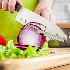 Image showing Woman\'s hands cutting bulb onion