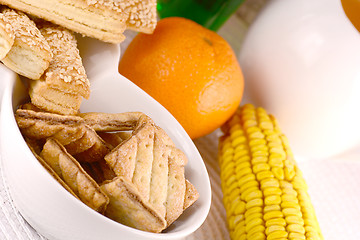 Image showing sweet cake on white plate and fruits