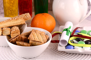 Image showing sweet cake on white plate and fruits