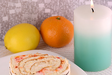 Image showing sweet cake on white plate and fruits