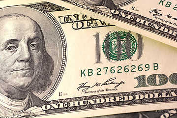 Image showing Dollars closeup. Benjamin Franklin portrait on one hundred dollar bill