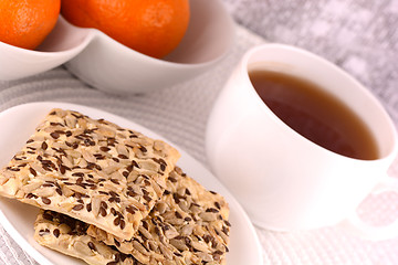 Image showing sweet cake on white plate and fruits