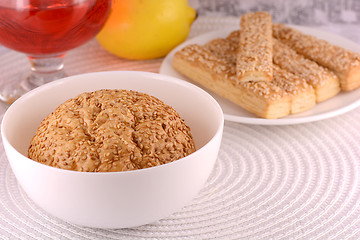 Image showing sweet cake on white plate and fruits