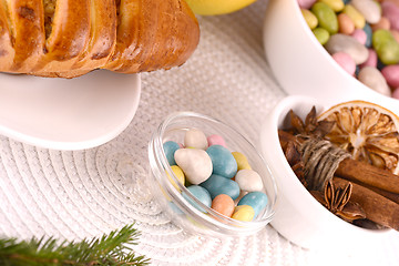 Image showing sweet cake on white plate and fruits