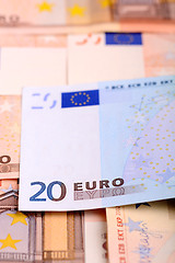 Image showing 50 euro banknotes in a row. European Union Currency. Stack of 50 euro banknotes
