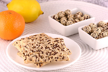 Image showing sweet cake on white plate with fruits