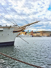 Image showing White ship and view over historic Gamla Stan in Stockholm