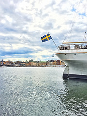 Image showing Ship with Swedish flag and view over Gamla Stan, Stockholm