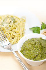 Image showing Italian traditional basil pesto pasta ingredients