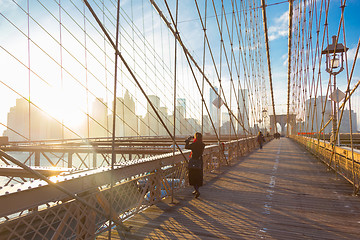 Image showing Brooklyn bridge at sunset, New York City.