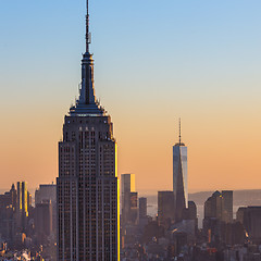 Image showing New York City Manhattan skyline in sunset.