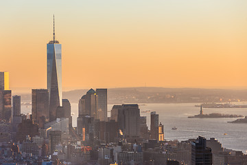 Image showing New York City Manhattan skyline in sunset.