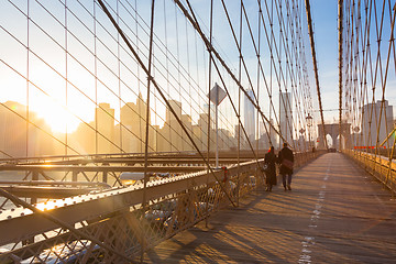 Image showing Brooklyn bridge at sunset, New York City.