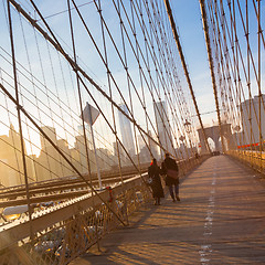 Image showing Brooklyn bridge at sunset, New York City.