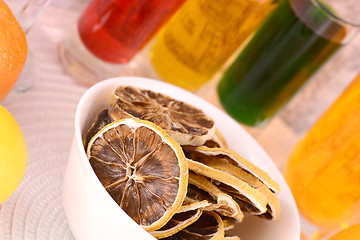 Image showing old fruits on white plate and juice
