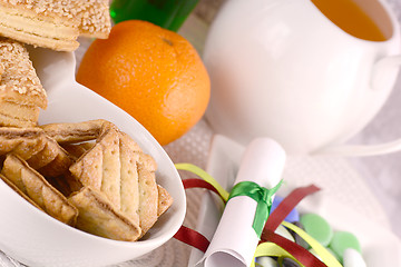 Image showing sweet cake on white plate and fruits