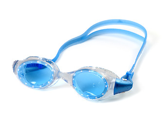 Image showing Blue goggles for swimming with water drops