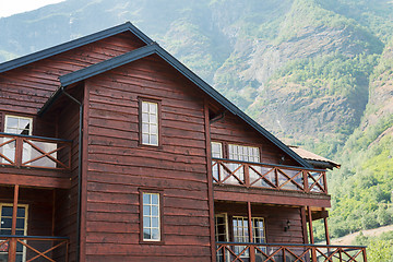 Image showing Wooden house and camping in mountains