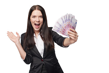 Image showing Excited woman with euro money in hand