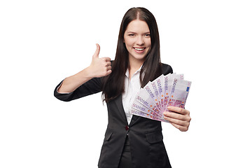 Image showing Happy woman with euro money in hand