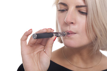 Image showing Close up Blond Woman Smoking Using E- Cigarette