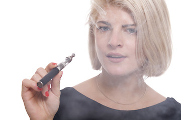 Image showing Close up Blond Woman Smoking Using E- Cigarette