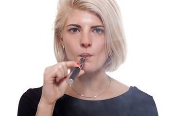 Image showing Close up Blond Woman Smoking Using E- Cigarette