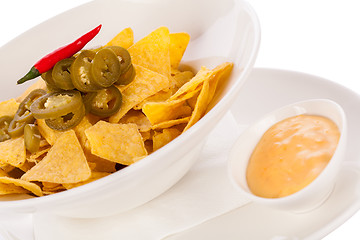 Image showing Nachos with cheese sauce and chilli pepperoni