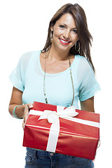 Image showing Happy Woman Holding Red Gift Box