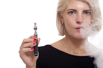Image showing Close up Blond Woman Smoking Using E- Cigarette