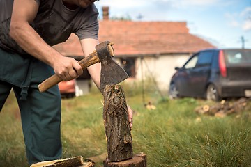 Image showing Firewood and old axe