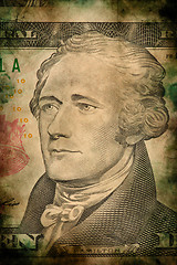 Image showing Macro of Alexander Hamilton on ten USA dollar banknote grunge vintage style