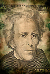 Image showing Macro of Andrew Jackson on ten USA dollar banknote grunge vintage style
