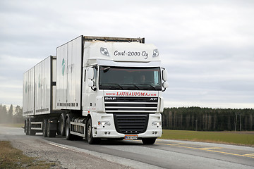 Image showing White DAF XF 105  Full Trailer Truck on the Road