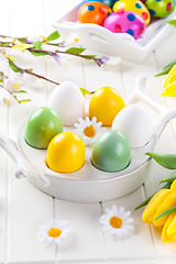 Image showing Easter eggs with spring flowers