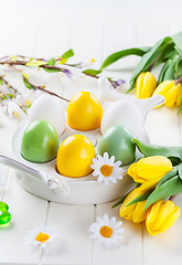 Image showing Easter eggs with spring flowers