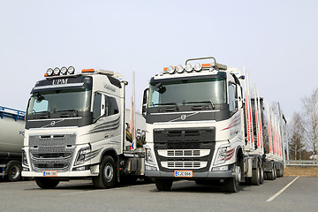 Image showing Two Modern Volvo FH Logging Trucks