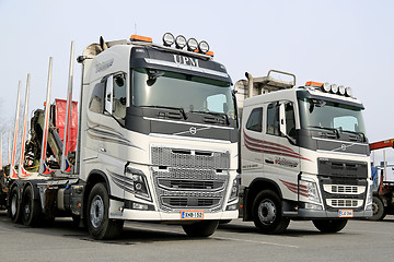 Image showing Two Modern Volvo FH Logging Trucks