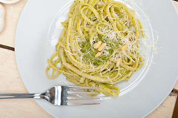 Image showing Italian traditional basil pesto pasta ingredients