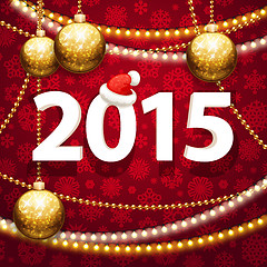 Image showing Happy New Year 2015 on Red Background with Christmas Baubles